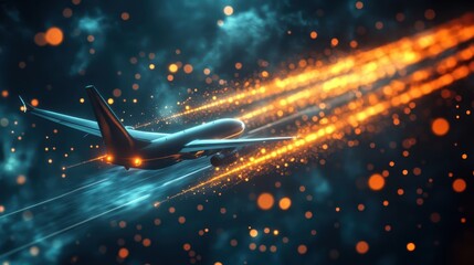 Poster - An airplane ascending through a night sky with bright streaks of light