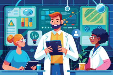 Poster - A team of three scientists in lab coats are gathered around a table, discussing charts and data analysis displayed on digital screens in the background.