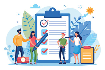 Poster - A group of four people, two men and two women, stand in front of a large clipboard, checking off tasks on a checklist.