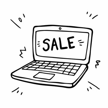 Simple Hand Drawn Laptop Illustration with Sale Text for Online Shopping Promotions