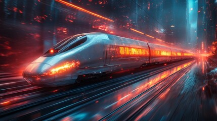 Leinwandbilder - A futuristic smart train speeds through a vibrant, digitally enhanced cityscape at night, showcasing advanced automation and innovative transportation solutions.