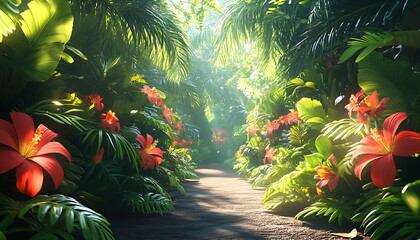 Beautiful tropical jungle with green leaves