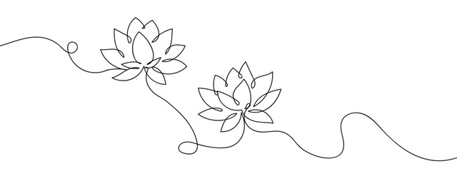 Wall Mural - Continuous lines, pair of lotus flowers line art vector illustration editable stroke.