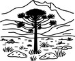 © inspiring  - Araucaria tree silhouette in mountainous landscape outline drawing