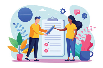 Poster - Two individuals, a man and a woman, are working together on a checklist. The man is handing a pencil to the woman, while she points to a specific section on the checklist.