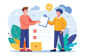 Poster - Two men are standing in front of a checklist with a checkmark above it. The man on the left is handing over a clipboard with a checklist on it to the man on the right.