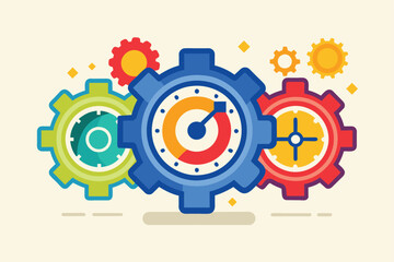 Poster - This illustration depicts four colorful gears interlocked together, with the center gear featuring a circular timekeeper dial with a red, orange, and yellow gradient.