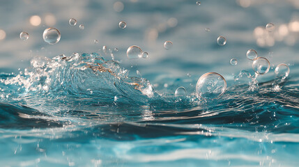 Poster - Close up of water surface with splashing wave and floating bubbles in a bright environment
