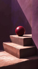 Poster - Red sphere rests on three-tiered brown steps against a purple wall, creating a minimalist, geometric composition symbolizing balance and simplicity