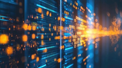 Poster - High-tech data server room with glowing binary code and digital reflections, great for AI, cybersecurity, machine learning, and data transmission concepts