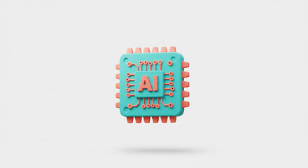 Poster - The AI Microchip: A symbol of technological advancement, showcasing intelligent design and innovative future, in teal and coral tones against a clean white background.