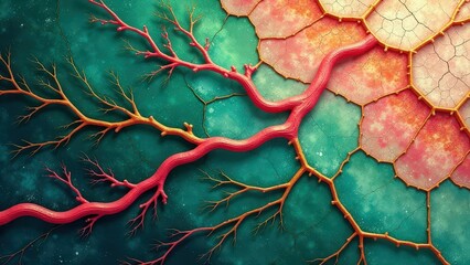 Abstract network of red tree branches on multicolored cracked surface.