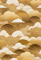Aufkleber - Golden Japanese Texture, Elegant Design. Warm, Cloud-like Shapes, Star Patterns Create Depth. Gentle Waves, Intricate Motifs. Classic Art Inspiration