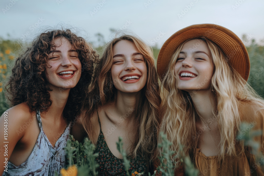 Three young women laughing in a field, surrounded by wildflowers under ...