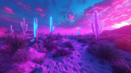 Poster - An artistic desert landscape features glowing cactus plants at dusk