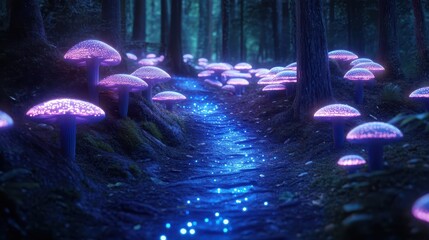 Poster - Glowing mushrooms illuminate a path through a mystical forest landscape at night