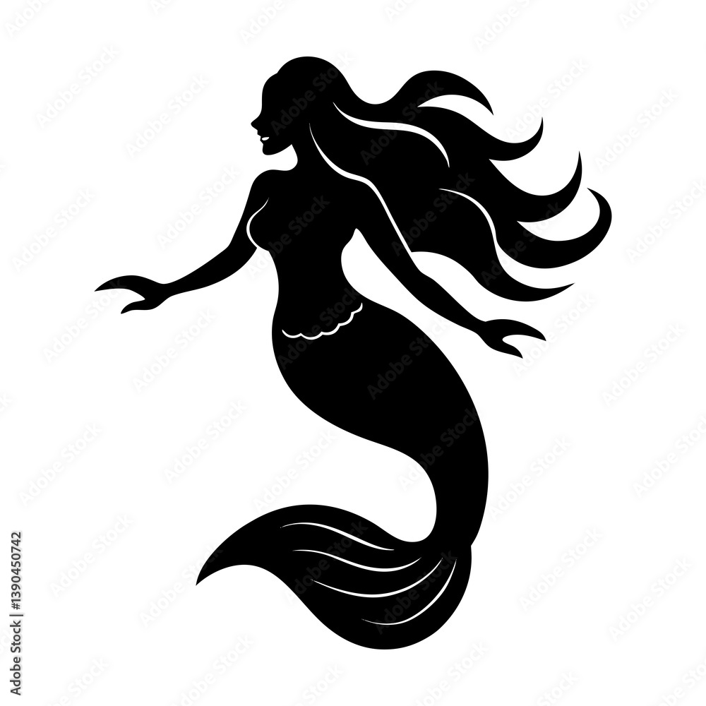 Nymph Vector Illustration of a sea nymph with flowing hair underwater silhouette ...