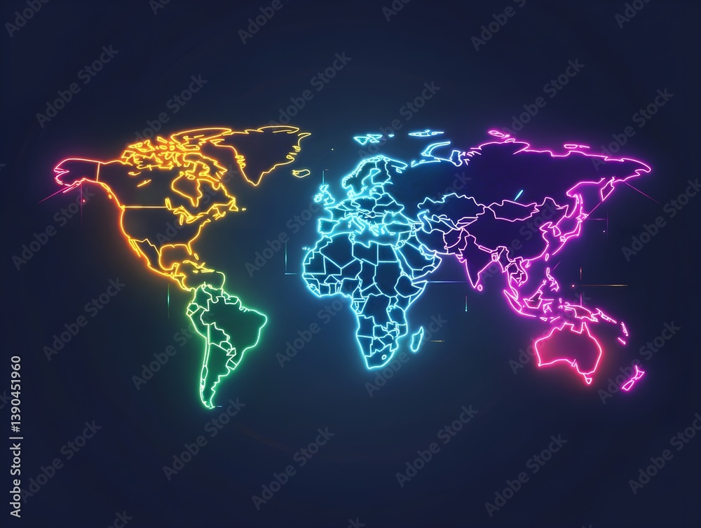 neon glowing world map with borders on dark background, digital ...