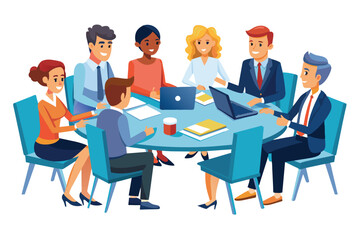 Poster - A diverse group of professionals engages in a collaborative meeting around a round table, utilizing laptops, discussing ideas, and reviewing documents in a modern office environment.