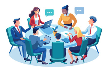 Poster - A group of eight professionals are discussing ideas in a vibrant setting, utilizing laptops and engaged in dialogue with visible expression bubbles for communication.