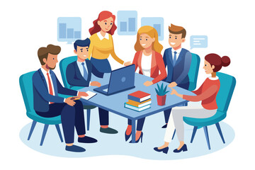 Poster - A group of six professionals participates in a collaborative meeting, using a laptop to review data and share ideas in a modern office environment.