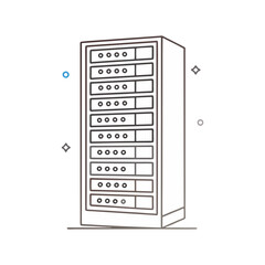 Poster - Minimal vector illustration of a data server rack with clean lines, representing storage, networking, and modern IT infrastructure.