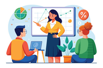 Poster - A confident businesswoman stands in front of a presentation board, explaining data trends to two attentive listeners seated nearby in a bright office environment.