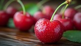 Fresh ripe red cherry with water drops on wooden surface, selective focus on single fruit with blurred background, macro food photography.