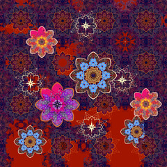 Wall Mural - seamless pattern with multi-colored mandalas on a complex ornamental crumbling background, symbolizi