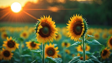 Wall Mural - setting sun over a field of blooming sunflowers. bright image of sunflowers in bloom with the sun's 