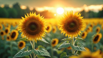 Wall Mural - setting sun above a field of blooming sunflowers. vivid photo showcasing sunflowers in bloom with ra