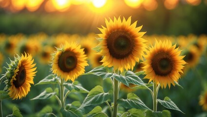 Wall Mural - setting sun over a field of blooming sunflowers. vibrant image of sunflowers in bloom with sunlight 