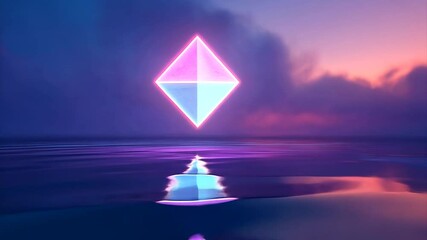 Wall Mural - Neon geometric shape reflected in calm water at sunset