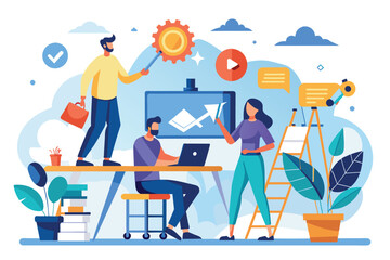 Poster - A diverse group of creative professionals engages in a collaborative meeting, utilizing various digital tools and brainstorming ideas in a vibrant workspace.