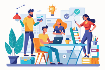 Poster - A diverse group of professionals engages in a collaborative work session at a modern office desk, utilizing laptops and brainstorming ideas to enhance productivity.