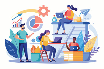 Poster - A team collaborates on project tasks in a modern workspace, using laptops and sharing ideas, surrounded by charts and greenery in a vibrant office setting.