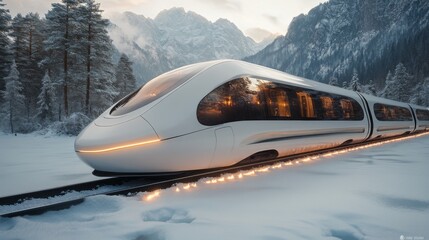 Poster - A futuristic smarttrain glides along a snow covered track amidst stunning mountain scenery, showcasing advanced logistics and autonomy in transportation systems