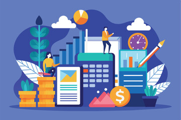 Poster - This design showcases financial management with a calculator, charts, coins, and illustrations of people budgeting and investing.