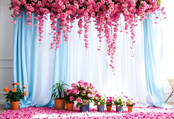 Poster - Pink Floral Dream, Ethereal Scene. Soft Blue Curtains Provide A Dreamy Backdrop. Flowers Cascade Down, Petals Fall Gently. A Romantic Scene Ideal For Special Moments.