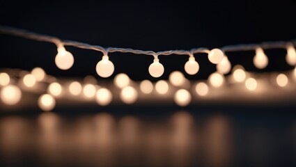 Poster - String of white lights suspended from a wire in the dark. The lights are uniformly spaced and emit a bright glow, creating a warm and welcoming ambiance.