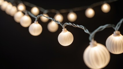 Poster - String of white lights suspended from a wire in darkness. The lights are spaced evenly and emit a bright glow, creating a warm and welcoming ambiance.