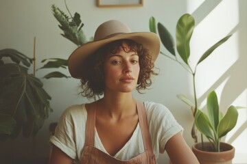 Poster - Urban Botanical Wellness Serene Millennial Woman in Soft Neutrals Capturing Mindful Home Design Aesthetic with Natural Light and Minimalist Plant Styling