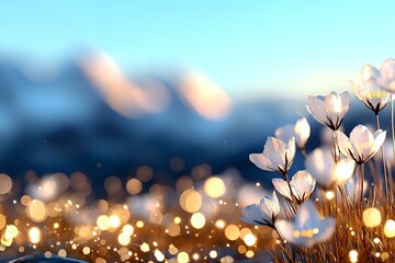 Poster - Delicate white flowers against blurred mountain backdrop with magical golden bokeh lights creating dreamy spring atmosphere at sunset.