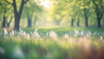 Poster - Stunning spring landscape showcasing blurred green trees and wild grass, bathed in sunlight within a natural environment.