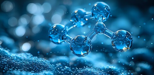 Poster - Molecular structure made of blue transparent spheres on dark background with bokeh effect and water drops. Scientific concept for chemistry and research.
