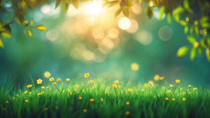 Poster - Summer background featuring a border of grass and leaves in nature. Juicy flowers and greenery under soft sunlight.