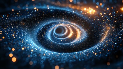 Poster - Spiral galaxy formation with glowing blue and orange particles swirling around dark center creating cosmic dust effect. Dynamic space art shows gravitational forces.