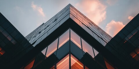 Aufkleber - Geometric Urban Elegance Minimalist Glass Skyscraper Capturing Sunset Reflections - Innovative Architectural Design Showcasing Future-Forward Corporate Aesthetic