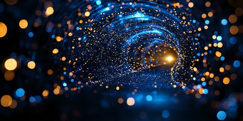 Poster - Magical spiral of glowing blue and gold particles swirling in dark space with bokeh light effects creating ethereal cosmic atmosphere for abstract backgrounds.