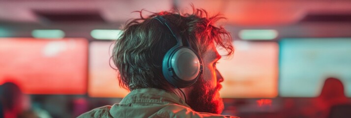 Poster - Cyberpunk Soundscape Immersive Audio Experience of Next-Gen Creative Professional in Dynamic Workspace with Cinematic Color Grading and Cutting-Edge Noise-Canceling Technology